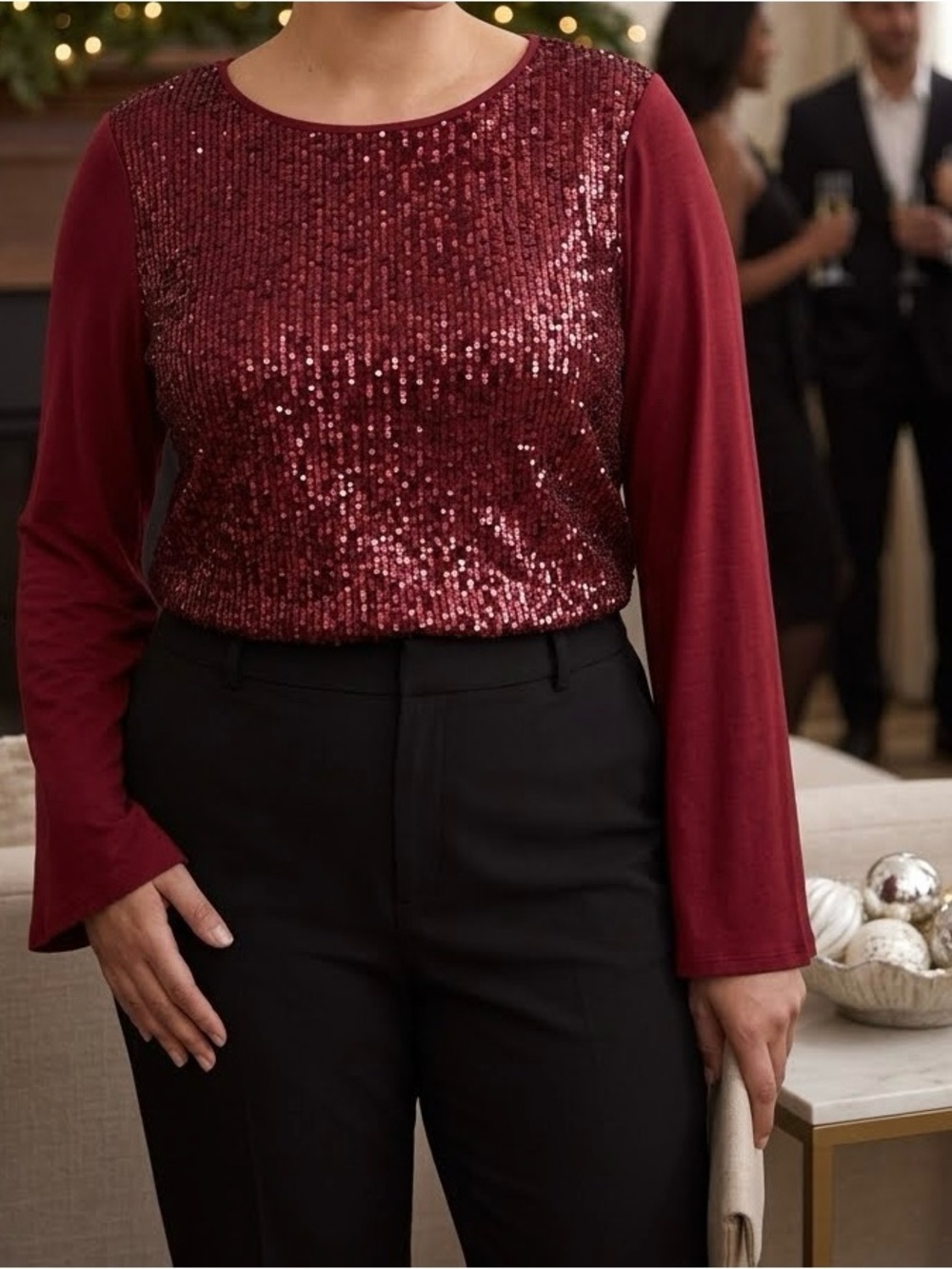 Minette Burgundy Red Sequin Long Bell Sleeve Top L